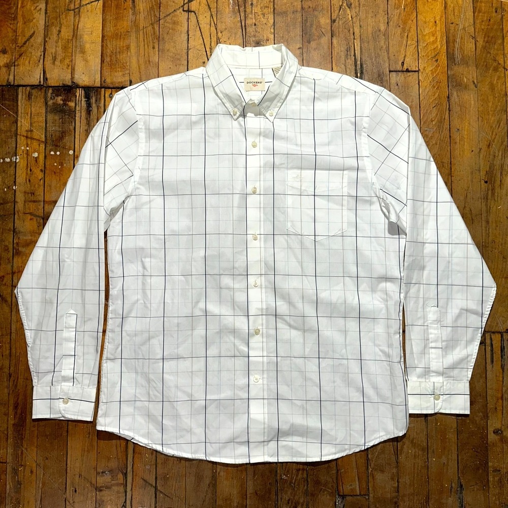 Dockers‎ Shirt Men's Large White Grid Check Long Sleeve Collared Button Down